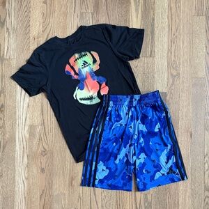 Adidas Black Tee with Vibrant Graphic and Blue Camo Shorts